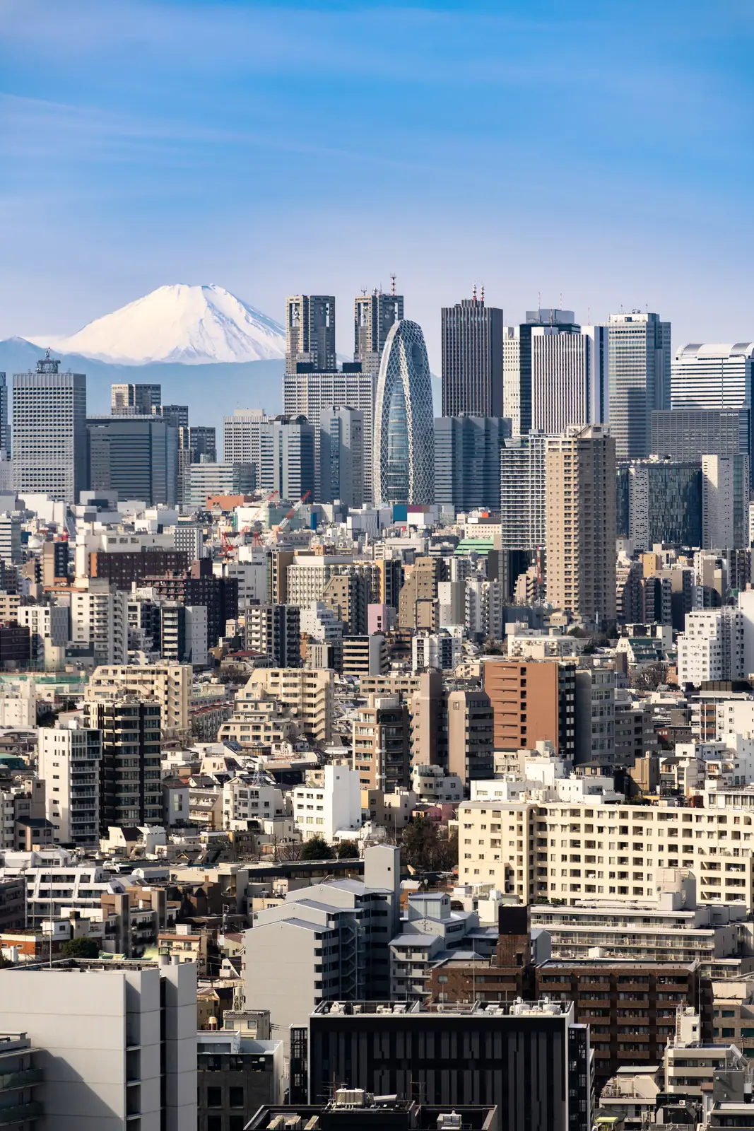 Tokyo's skyline with snow-capped Mount Fuji behind it