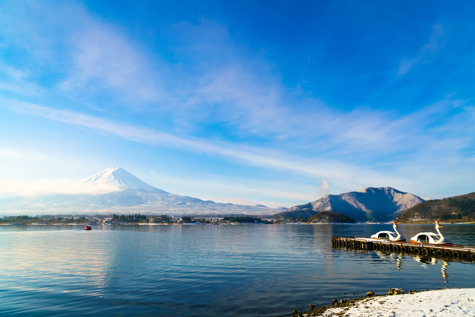 Snow-capped Mount Fuji above Lake Kawaguchi on a clear day